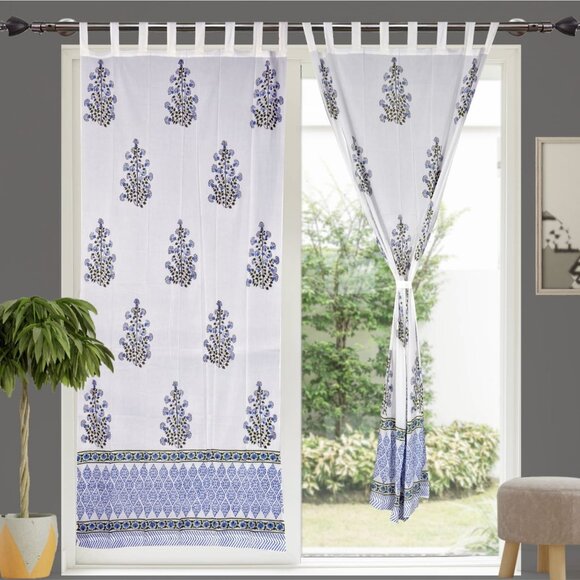 Hand Block Printed Cotton Curtains 7 X 4 feet – Set of 2 White and Blue - Picture 1 of 3